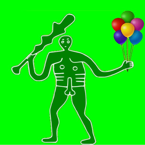 A dark green Cerne Giant holding a bunch of balloons, against a lime green background.