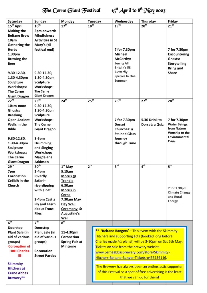 Calendar outline of all the Festival events.